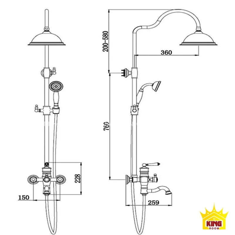 Bản vẽ kỹ thuật vòi sen tắm mạ vàng cổ điển Aqua 30MS với các kích thước chi tiết.