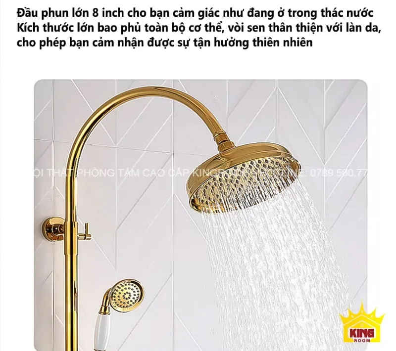 Đầu phun lớn 8 inch với thiết kế cổ điển, tạo cảm giác như đang ở trong thác nước, thân sen mạ vàng.