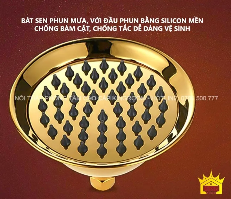 Bát sen phun mưa với đầu phun bằng silicon mềm, chống bám cặn và dễ dàng vệ sinh.