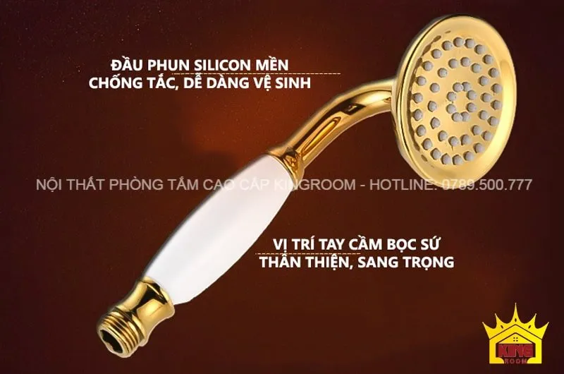 Đầu phun silicon mềm chống tắc và dễ dàng vệ sinh, tay cầm bọc sứ sang trọng.