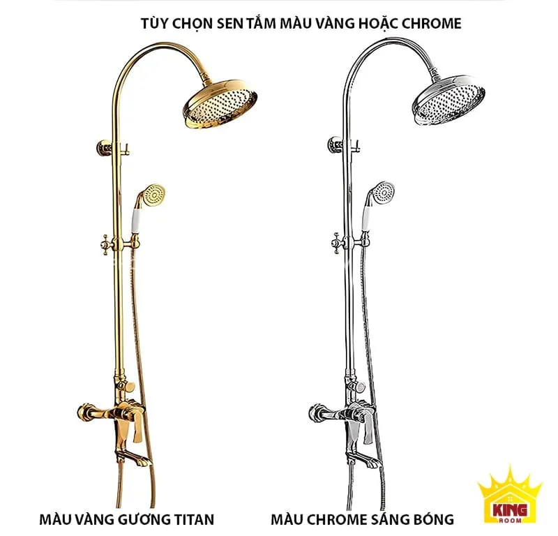 Hai tùy chọn màu sắc cho vòi sen: mạ vàng gương titan và chrome sáng bóng, thiết kế cổ điển.