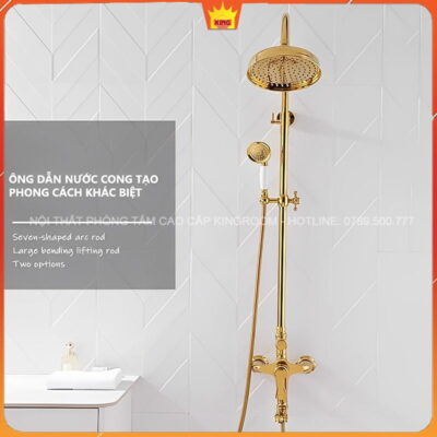 Vòi sen mạ vàng với ống dẫn nước cong, tạo phong cách khác biệt, thiết kế tinh tế trong phòng tắm.