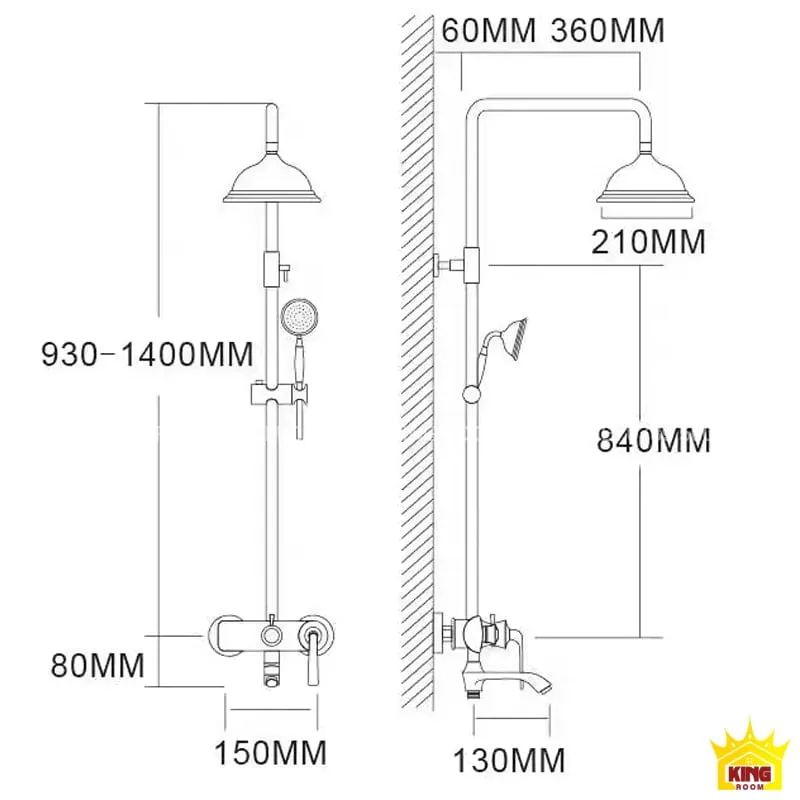 Bản vẽ chi tiết cấu tạo và kích thước của vòi sen mạ vàng Aqua 90D