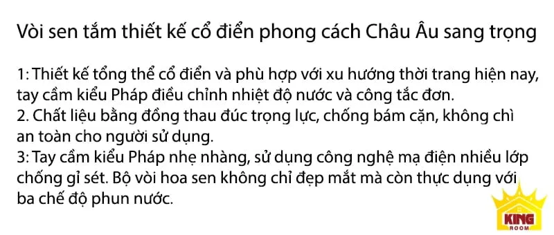 Mô tả các tính năng của vòi sen mạ vàng cổ điển Aqua 90D.