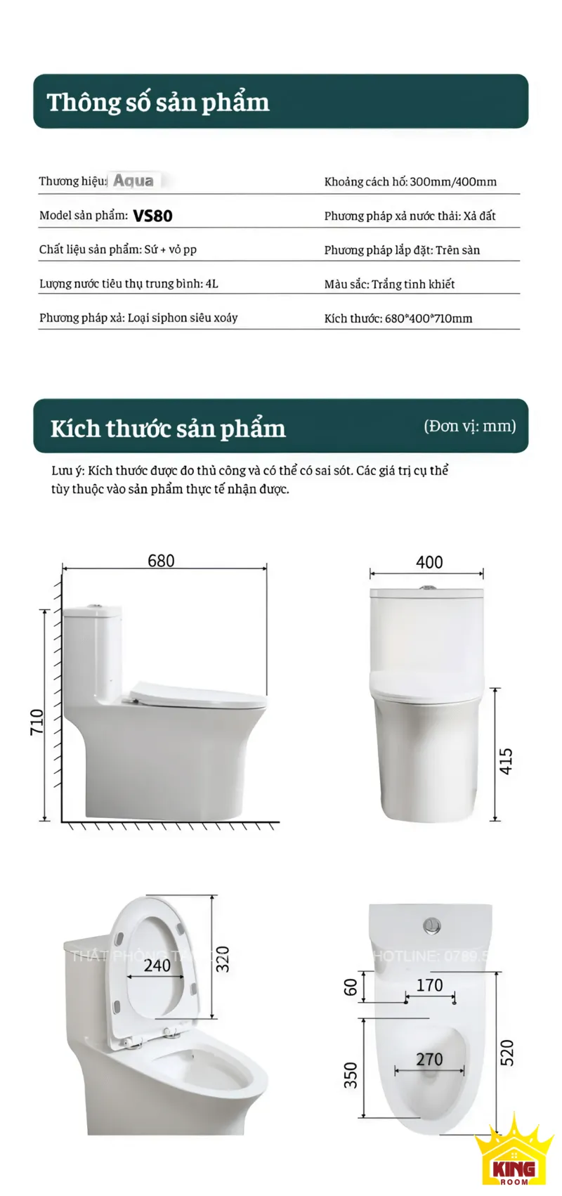 Thông số sản phẩm bồn cầu Aqua VS80.