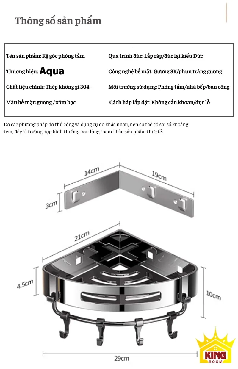Thông số sản phẩm kệ góc - Chất liệu thép không gỉ, công nghệ phun tráng gương