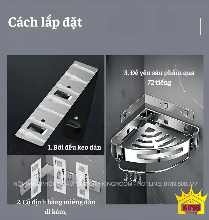 Hướng dẫn lắp đặt kệ góc nhà tắm Inox 304 Aqua HG2 - Bôi đều keo dán, cố định và đợi 72 tiếng.