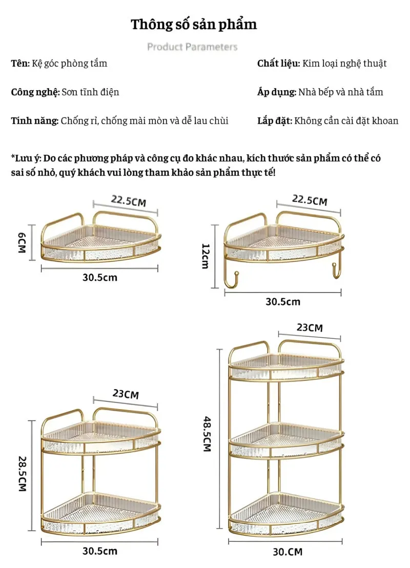 Thông số sản phẩm kệ góc nhà tắm Aqua 40S, kích thước và các tính năng.