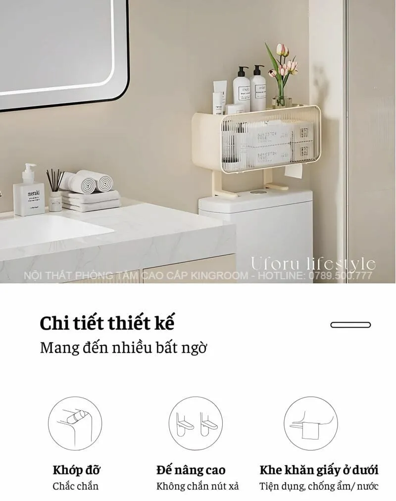 Kệ nhà tắm treo tường đa năng Aqua K10S với thiết kế thông minh, có đế nâng cao, khớp đỡ chắc chắn và khe khăn giấy tiện dụng.