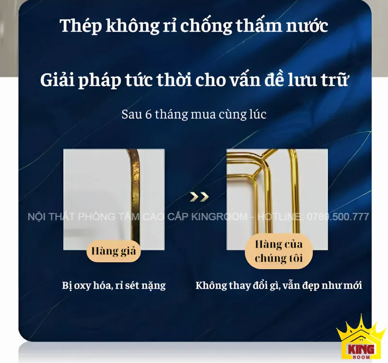 So sánh giữa hàng giả bị oxy hóa và kệ Aqua TH30 không bị rỉ sét sau 6 tháng sử dụng.