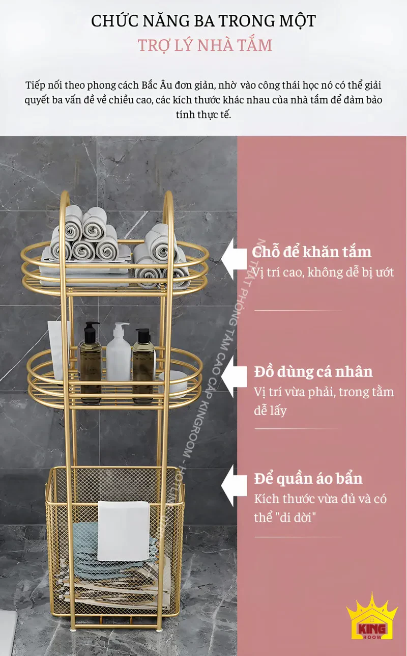 Kệ Aqua DA50 với chỗ để khăn tắm, đồ dùng cá nhân và sọt đựng quần áo bẩn.