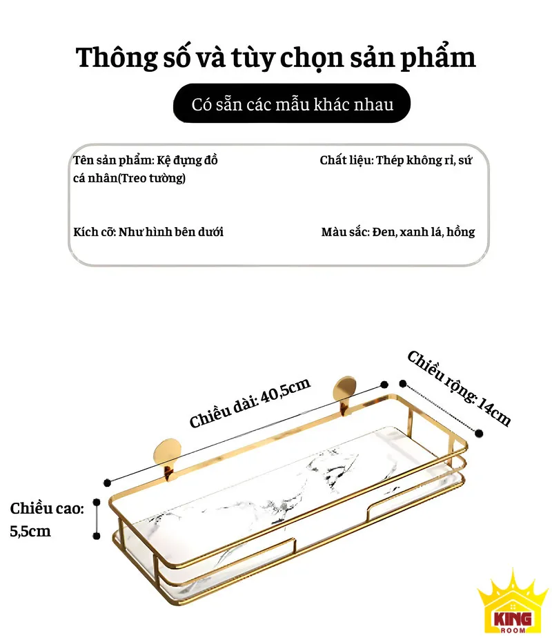 Thông số và tùy chọn của kệ nhà tắm treo tường Aqua GC50 với kích thước chi tiết.