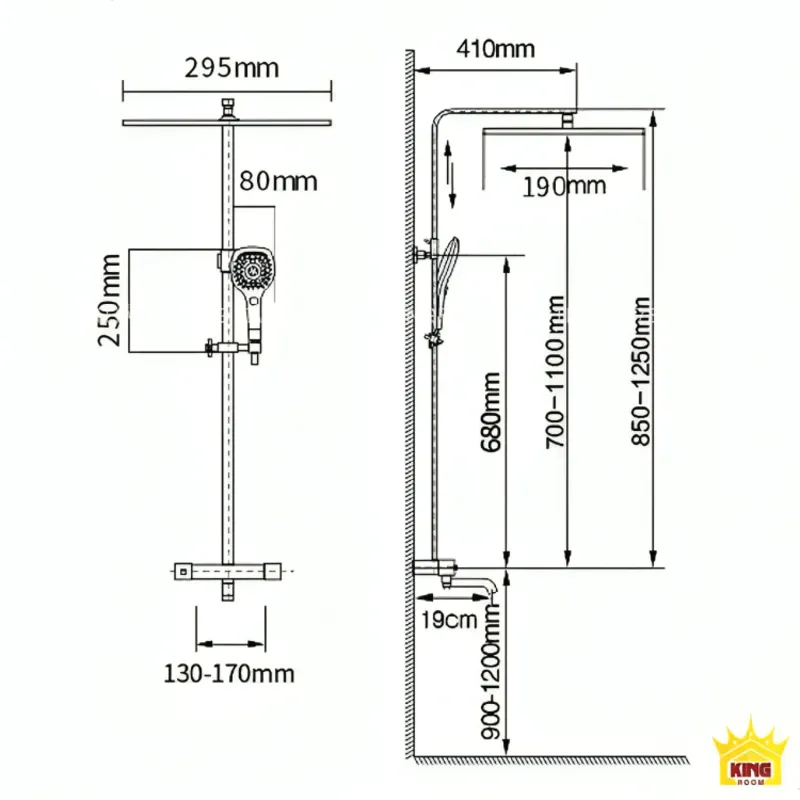 Kích thước của vòi sen đứng