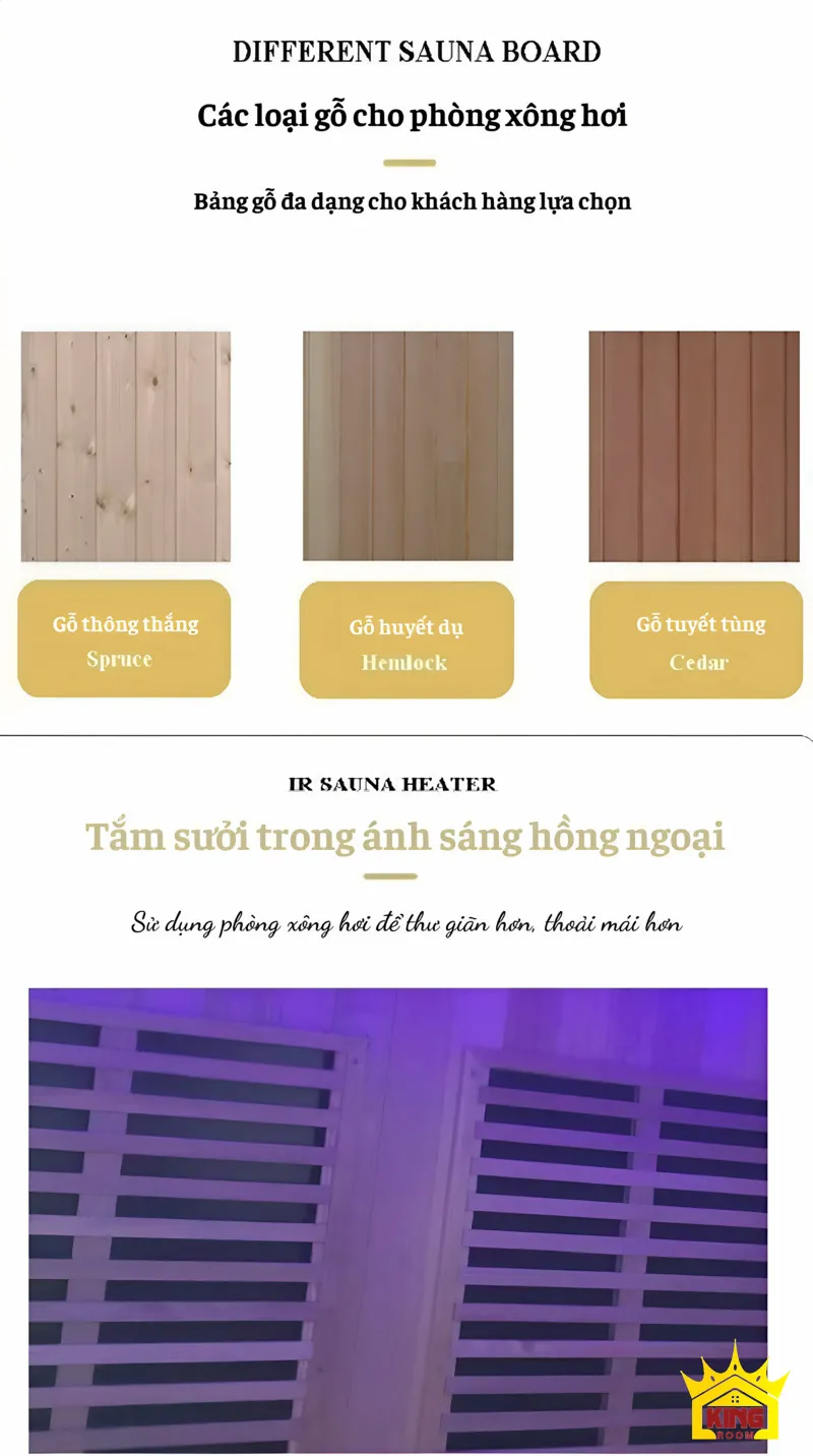 Các loại gỗ dùng cho phòng xông hơi Aqua V502 bao gồm Spruce, Hemlock và Cedar, cùng tấm sưởi hồng ngoại.