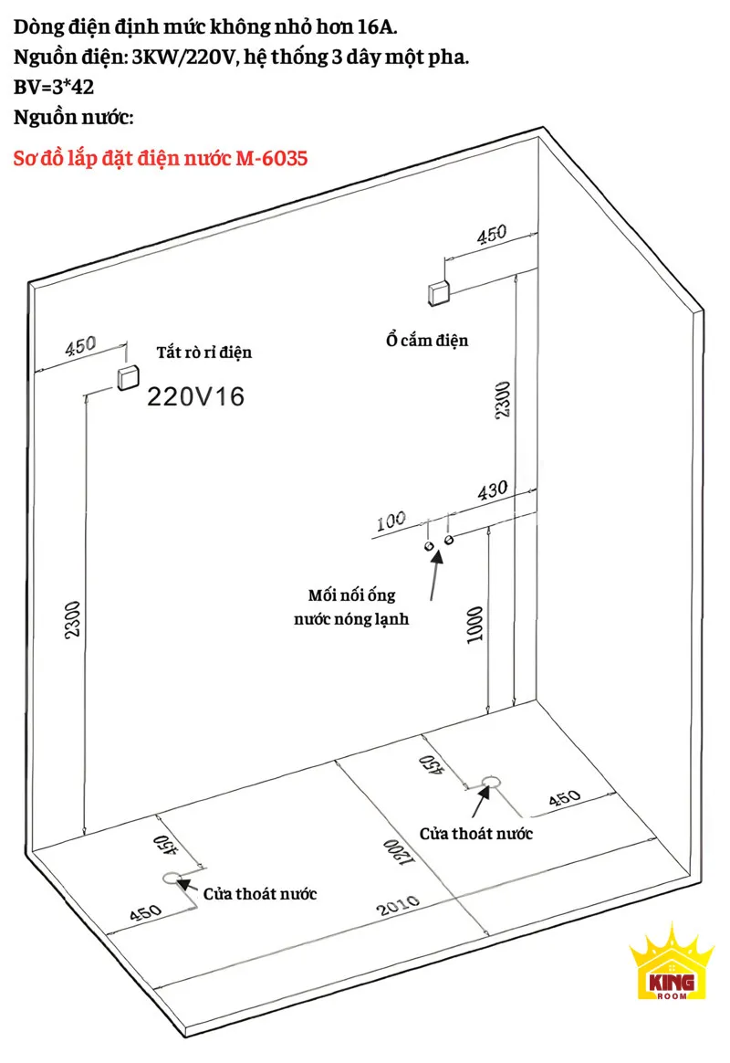 Sơ đồ lắp đặt phòng xông hơi Aqua M-6035 với nguồn điện 3KW/220V và hệ thống thoát nước tiện dụng