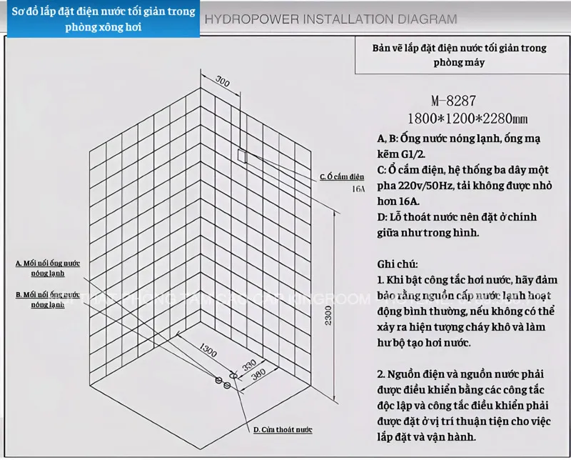 Sơ đồ lắp đặt điện nước chi tiết cho phòng xông hơi Aqua HH8