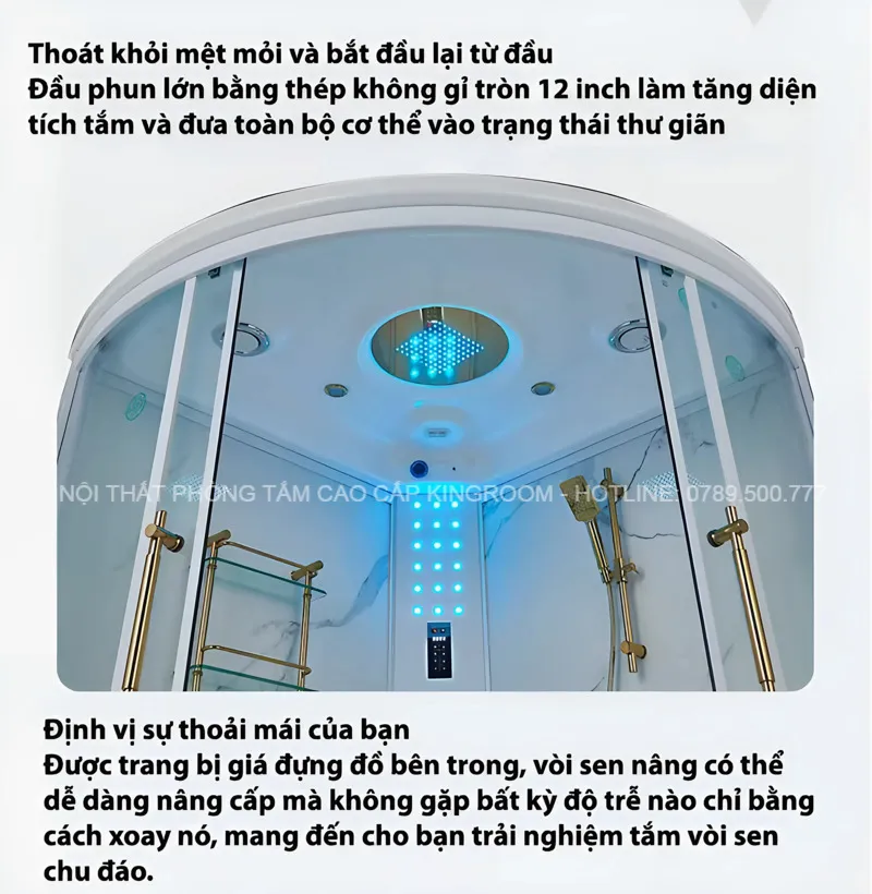 Trần phòng xông hơi Aqua XC60 với vòi sen lớn và đèn LED.