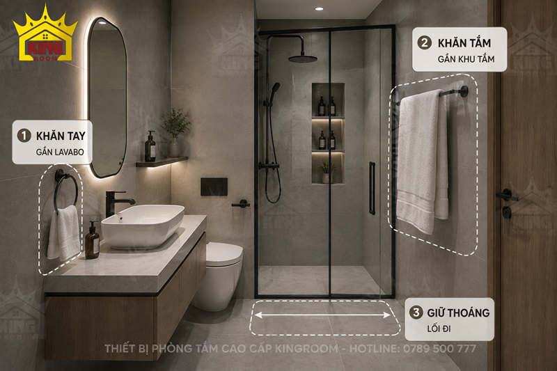 Cách bố trí giá treo khăn trong phòng tắm nhỏ