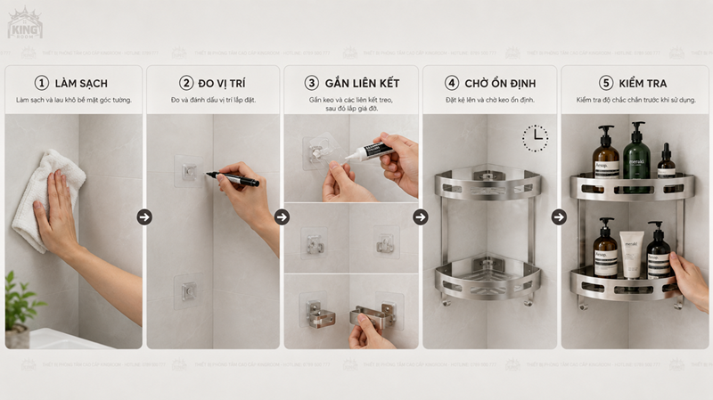 Cách lắp kệ góc nhà tắm không cần khoan từng bước
