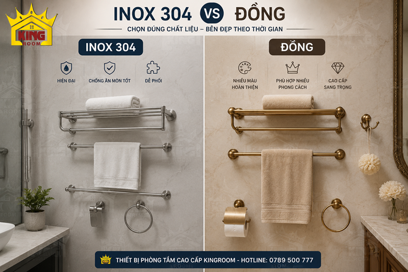 So sánh giá treo khăn inox 304 và giá treo khăn bằng đồng