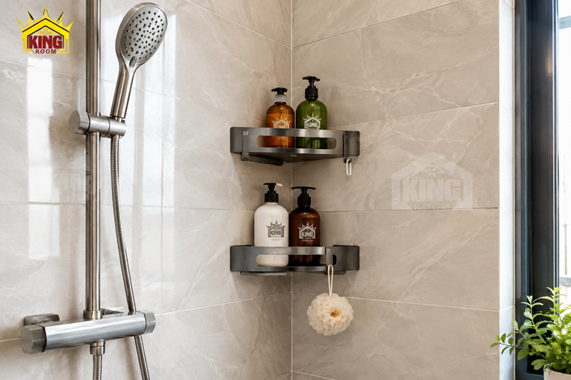 Kệ góc nhà tắm đẹp trong phòng tắm hiện đại
