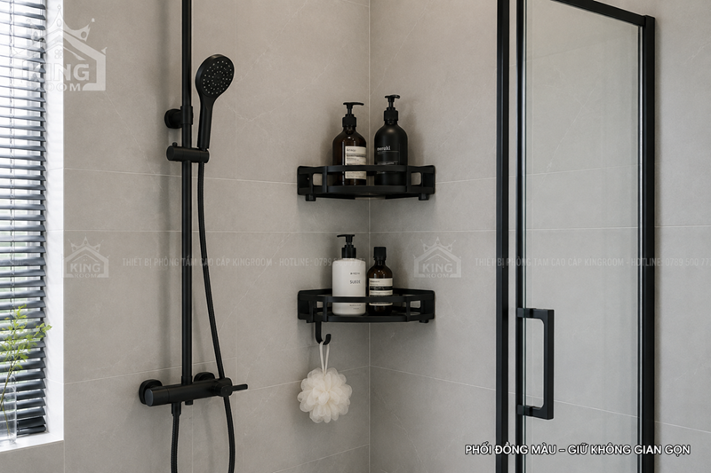 Kệ góc nhà tắm màu đen trong phòng tắm hiện đại