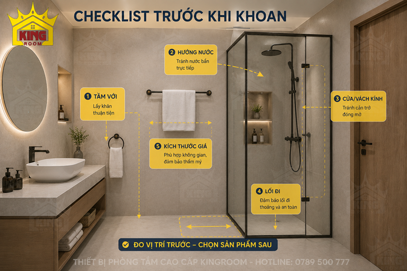 Kiểm tra vị trí treo khăn trước khi lắp đặt