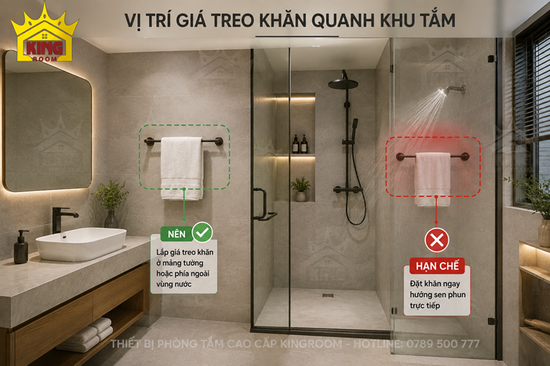 Vị trí giá treo khăn gần vách kính phòng tắm