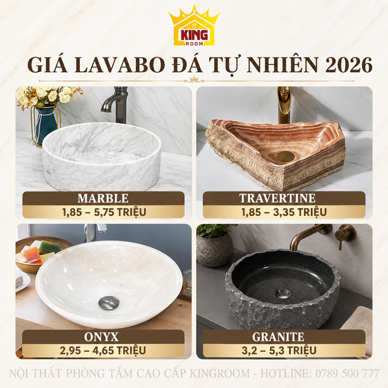 Bảng giá lavabo đá tự nhiên Marble Granite Onyx Travertine 2026