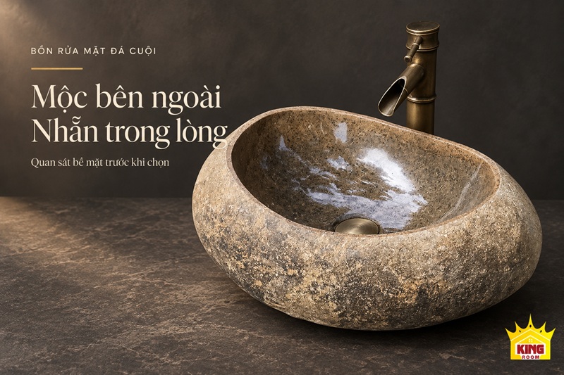 Ảnh thiết kế chậu đá cuội tông be nâu, thể hiện lòng gia công nhẵn và mặt ngoài mộc