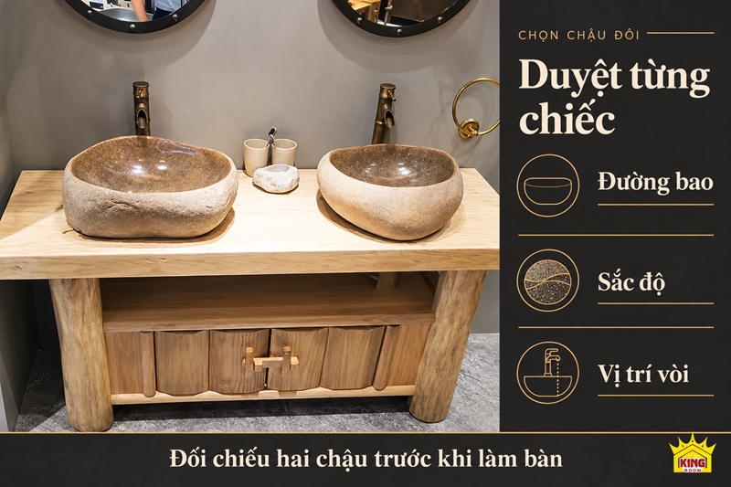 Ảnh thiết kế hai chậu đá cuội trên bàn gỗ, nhắc đối chiếu đường bao, sắc độ và vị trí vòi