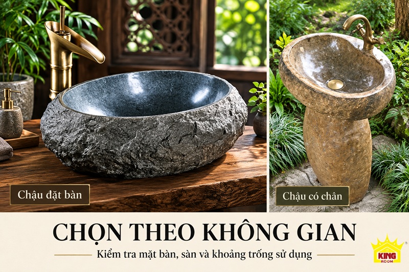 Ảnh thiết kế chậu đá cuội đặt trên bàn và bộ chậu có chân trong hai bối cảnh sử dụng