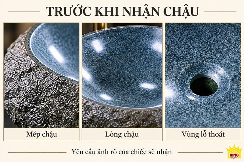 Ảnh thiết kế cận cảnh mép, lòng và vùng lỗ thoát của chậu đá cuội màu xám đen