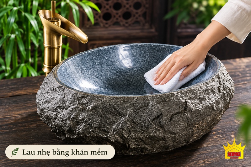 Ảnh minh họa bàn tay dùng khăn mềm lau lòng chậu đá cuội