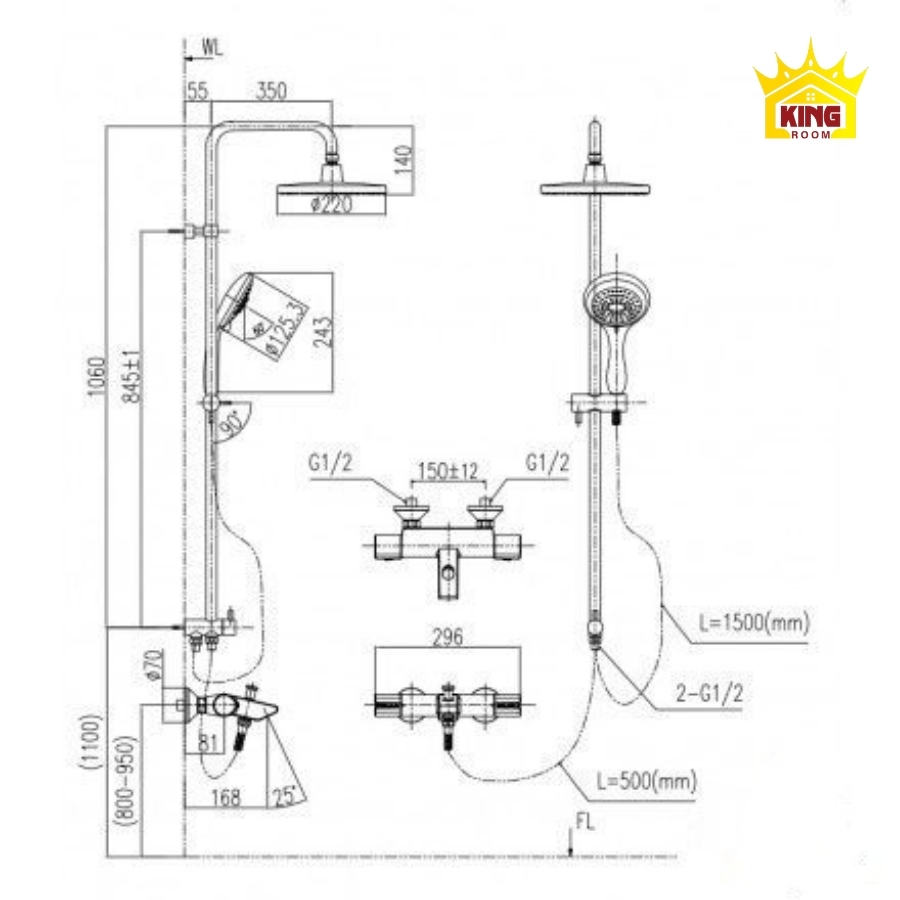 Kích thước lắp đặt thiết bị vệ sinh đối với sen tắm
