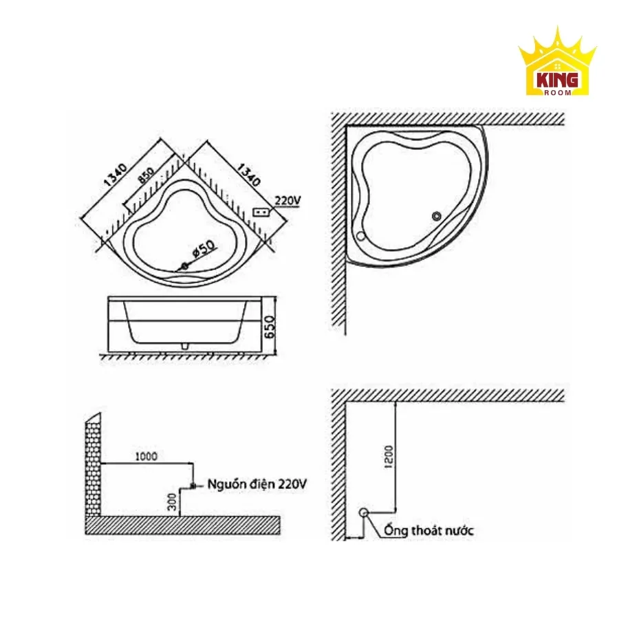 Kích thước bồn tắm góc đứng tiêu chuẩn