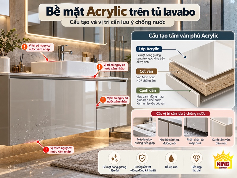 Bề mặt Acrylic trên tủ lavabo trong phòng tắm