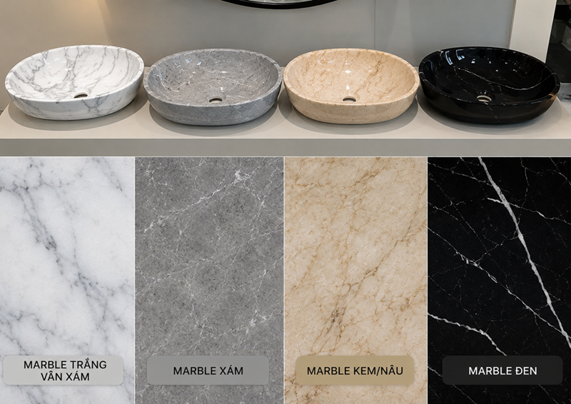 Các màu lavabo đá Marble trắng xám kem nâu và đen