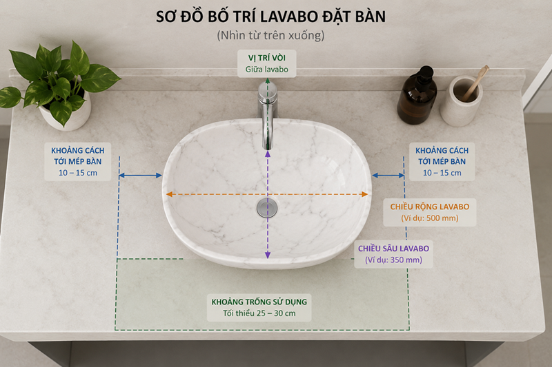 Cách chọn kích thước lavabo Marble và Granite theo mặt bàn