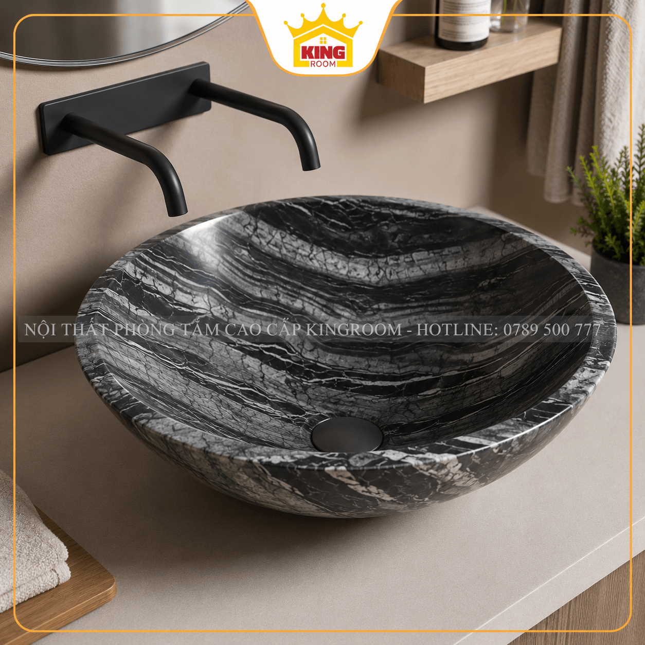 Cận cảnh lavabo đá đen vân xám góc 45 độ