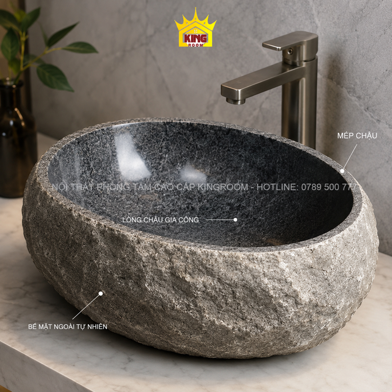 Cấu tạo lavabo đá cuội tự nhiên với mặt ngoài thô và lòng chậu gia công