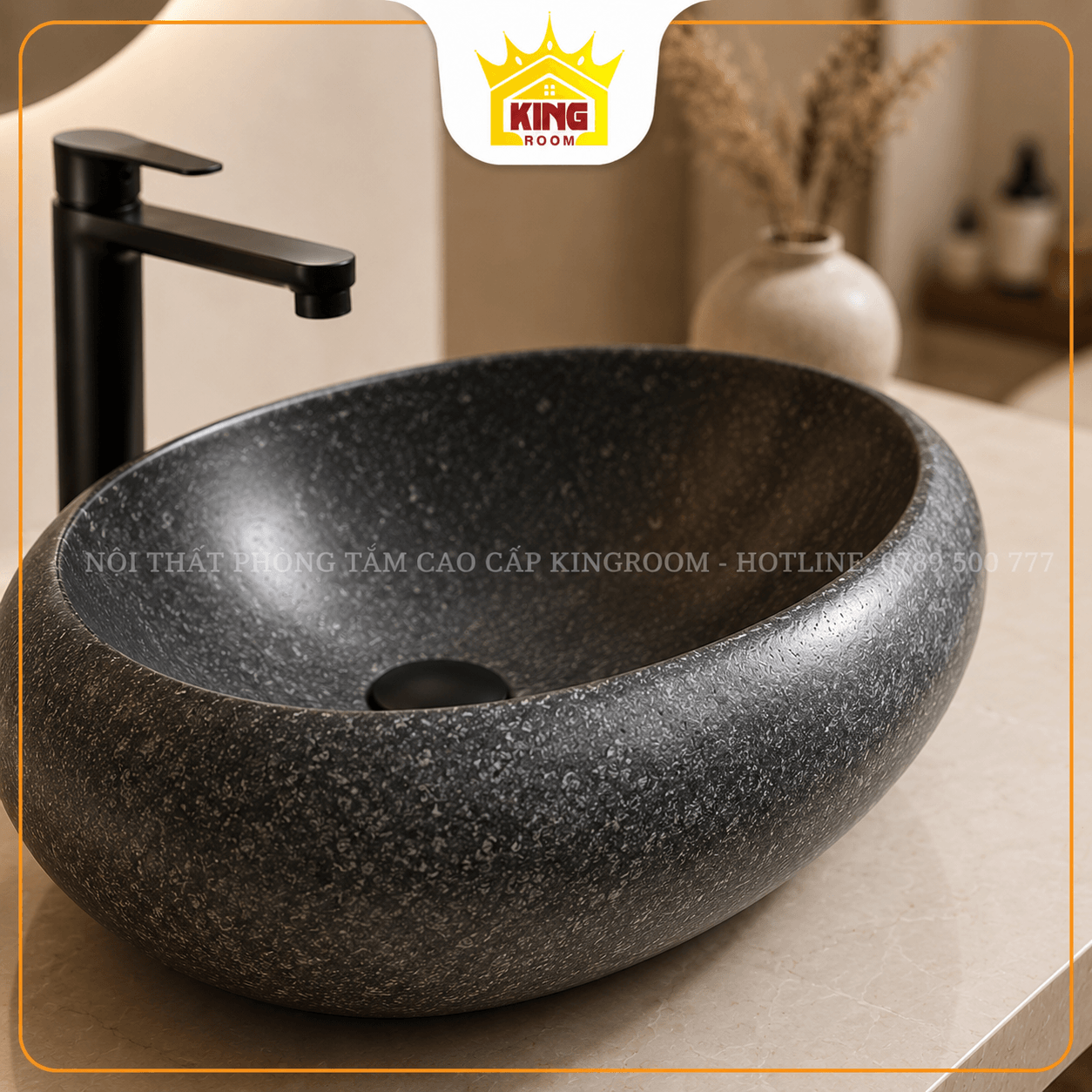 Chi tiết Lavabo đá Granite đen vân hạt xám GRK02