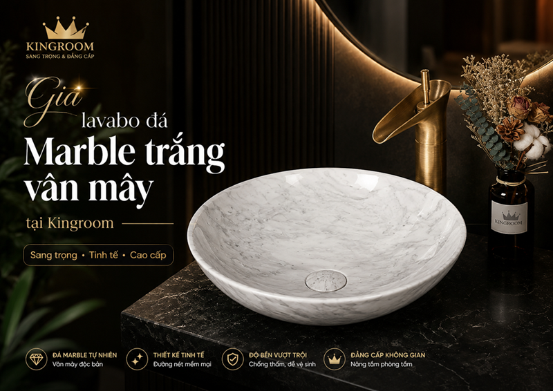 Giá lavabo đá Marble trắng vân mây tại Kingroom