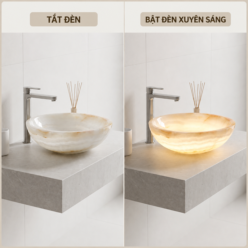 Hiệu ứng xuyên sáng của lavabo đá Onyx tự nhiên
