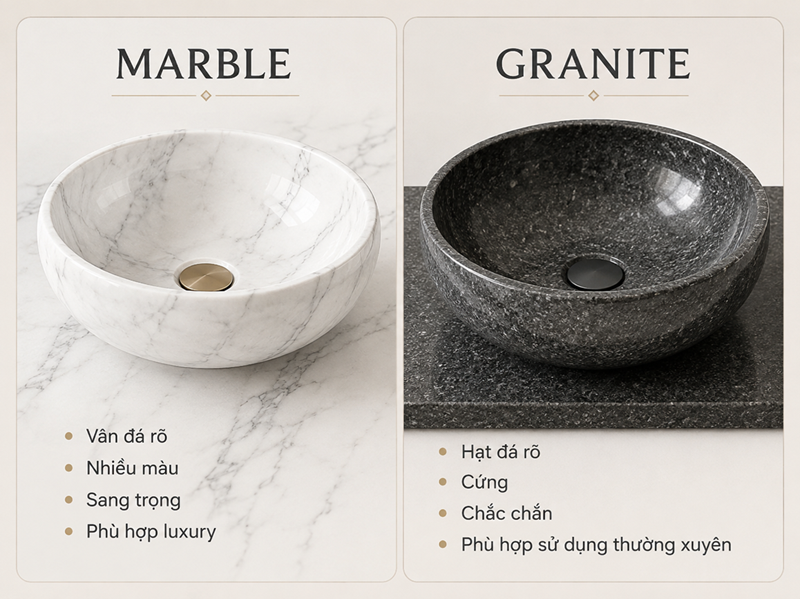 Infographic so sánh lavabo đá Marble và Granite
