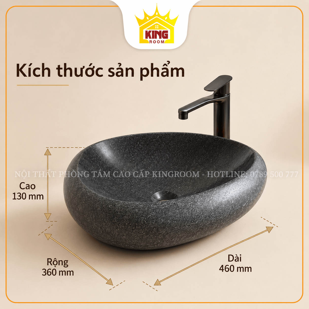Kích thước lavabo Granite GRK02 460 x 360 x 130 mm