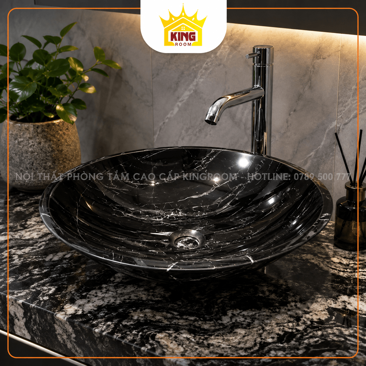 Lavabo Granite đen vân trắng GRS01 góc 45 độ