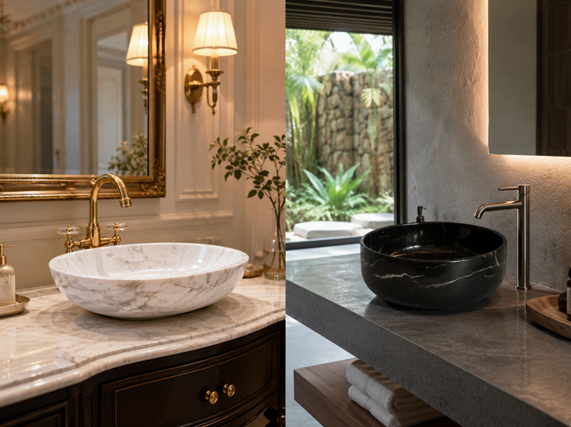 Lavabo Marble và Granite trong hai phong cách phòng tắm khác nhau