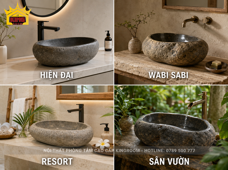 Lavabo đá cuội cho phòng tắm hiện đại Wabi Sabi resort sân vườn