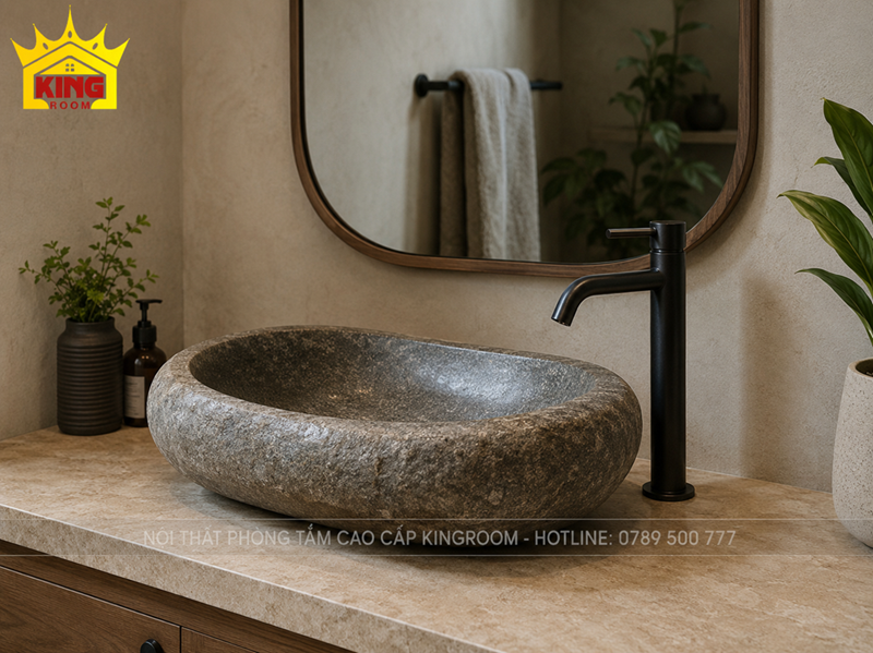 Lavabo đá cuội tự nhiên phối bàn gỗ và vòi đồng
